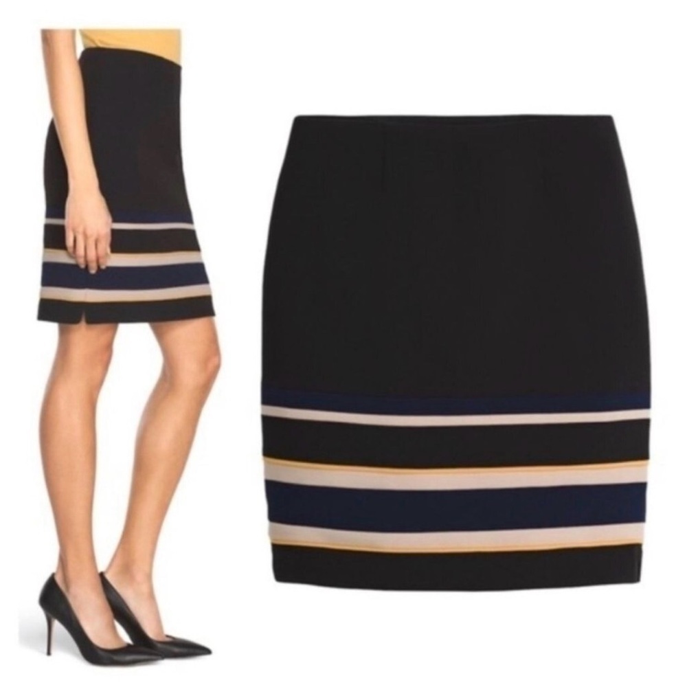 White House Black Market Black Pencil Skirt with Navy, Cream & Gold Stripes